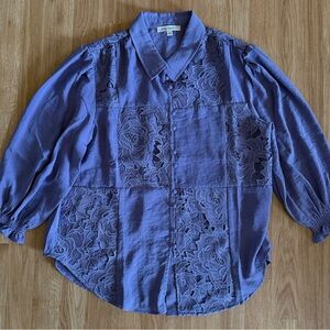 Indigo Thread Co Womens Crochet Accent Boho Button Up Shirt Top Purple